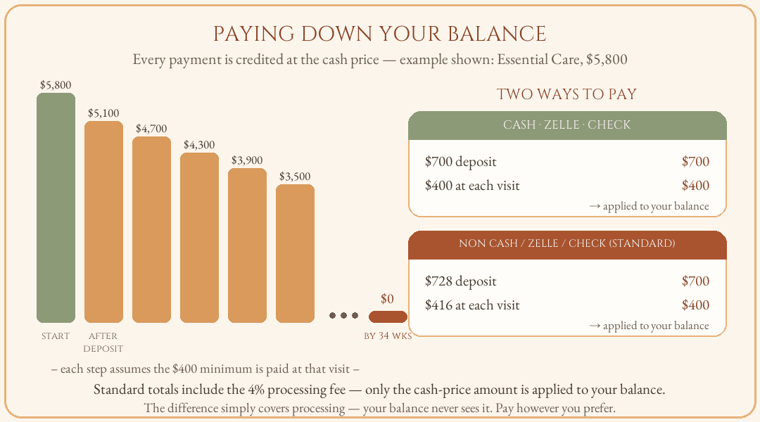 Paying down your balance — the deposit and each visit payment chip away at the balance; standard and cash/Zelle/check payments credit the same amount